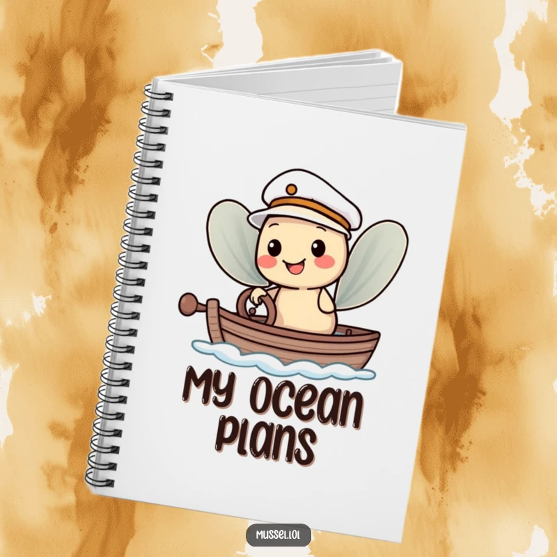 Funny Notebook: A smiling mussel character in a sailor hat steering a boat, perfect for journaling nautical adventures.