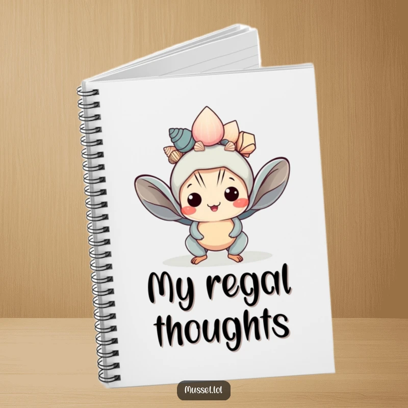 Funny Kawaii Mussel Notebook: A cute mussel character balancing a shell crown is featured on this notebook, ideal for regal thoughts.