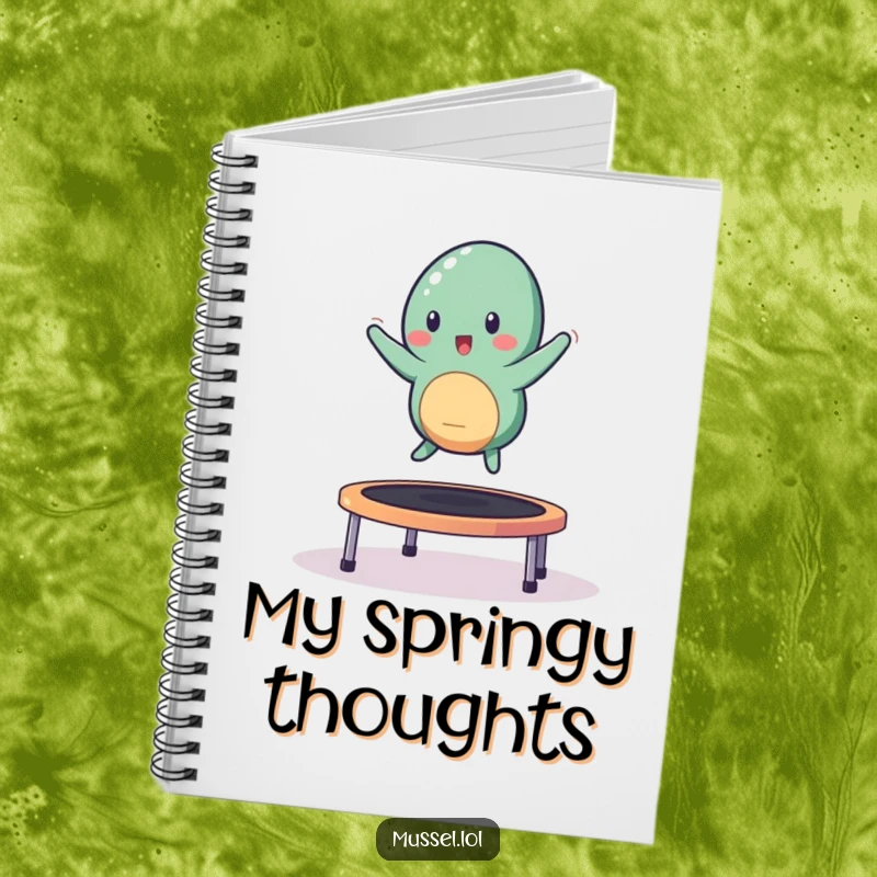 Funny mussel character bouncing on a trampoline on a notebook cover.