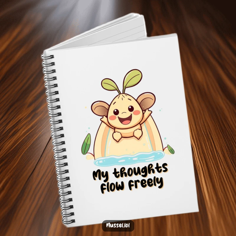 Funny mussel character with a large smile sliding down a water slide, a functional and humorous notebook.