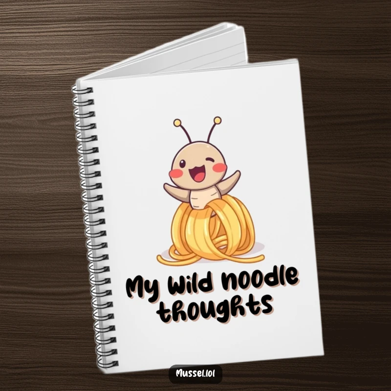 Funny notebook cover with a joyful mussel character sliding down a spaghetti noodle, inspiring creativity and happy note-taking.