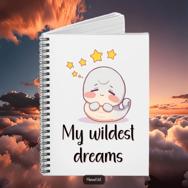 Funny mussel notebook featuring a dreaming character with little stars floating above its head for note-taking.