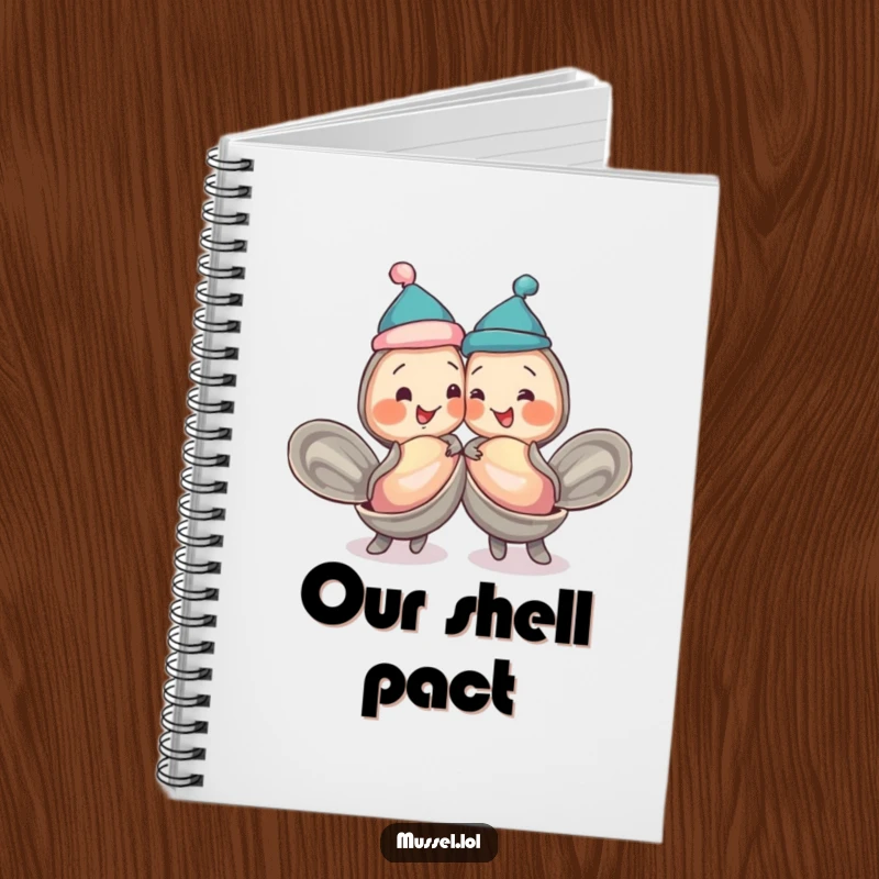 Funny mussels in jaunty caps, bumping shells playfully, on the cover of a notebook, celebrating friendship.