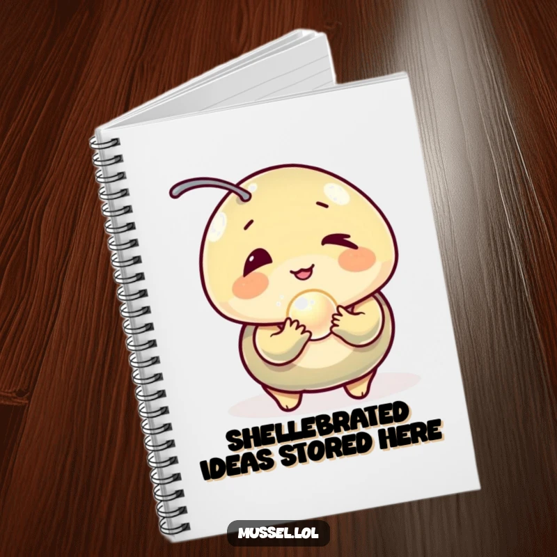 Funny Mussel Notebook: A winking mussel character holding a glowing pearl on the cover, perfect for capturing funny ideas.
