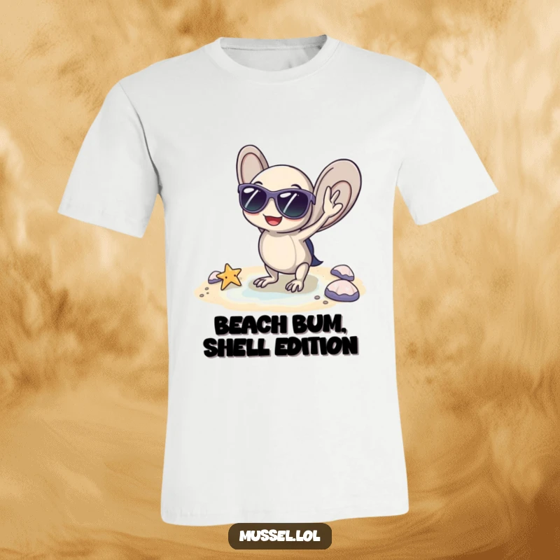 Funny mussel t-shirt with sunglasses, posing coolly by a tiny beach, perfect for beachgoers and as a funny gift.