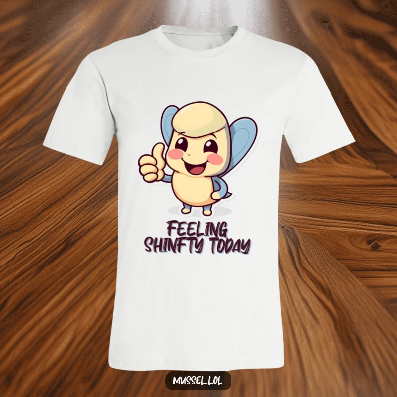 Funny mussel t-shirt featuring a smiling character giving a confident thumbs up, perfect for casual humor.