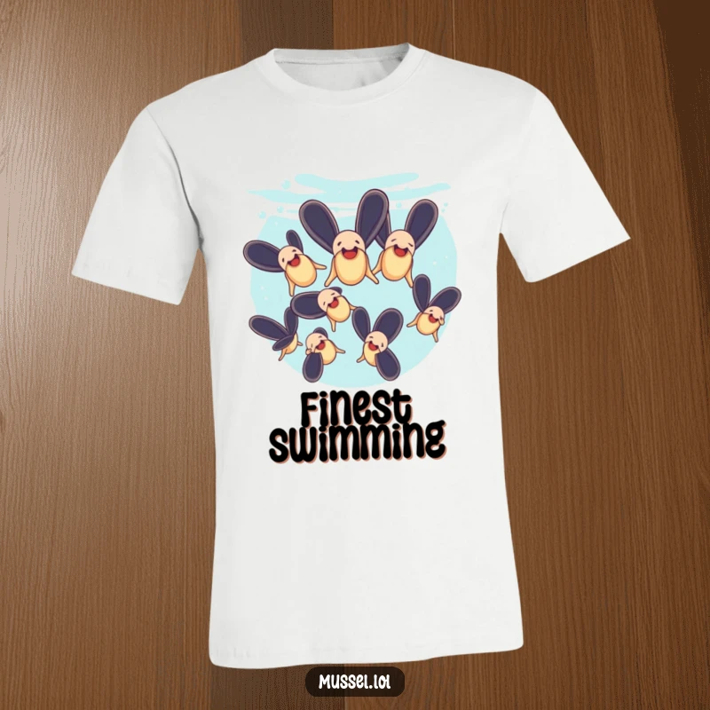 Funny T-shirt showcasing a group of mussels executing a synchronized swimming routine underwater, full of aquatic charm.
