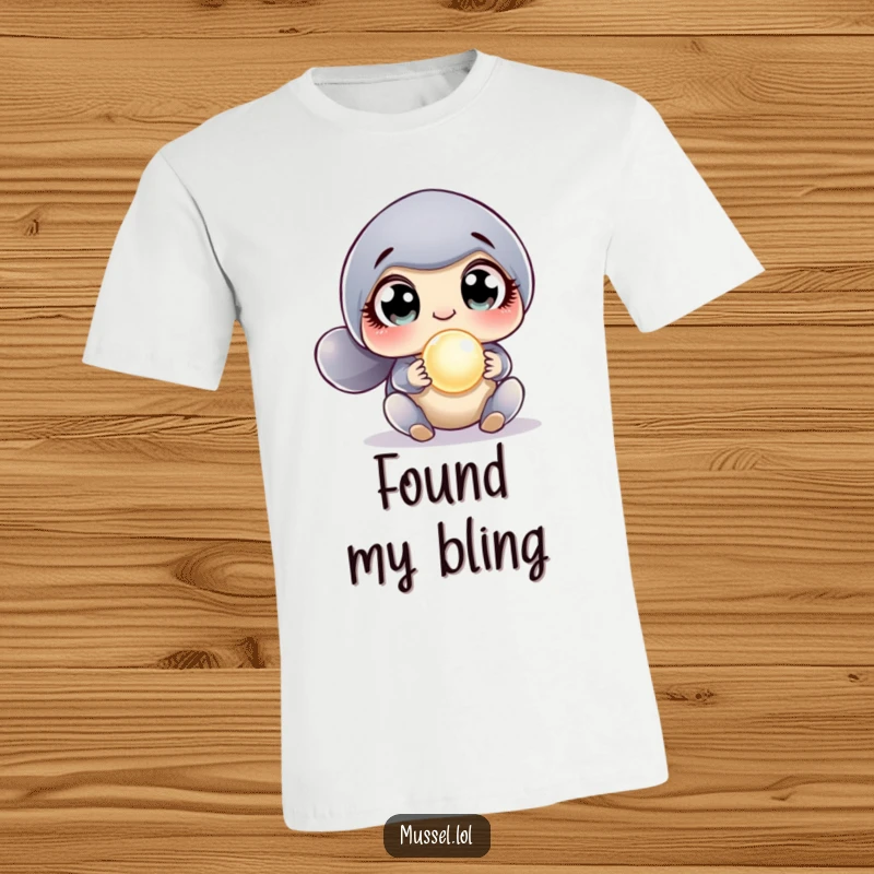 Funny Surprised Mussel T-Shirt featuring a mussel with cartoonishly wide eyes reacting to the discovery of a luminous pearl, expressing pure astonishment.