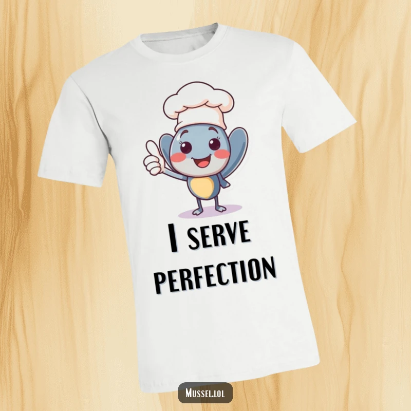 Funny smiling mussel character wearing a tiny chef hat, giving a confident thumbs up, a stylish and humorous t-shirt.