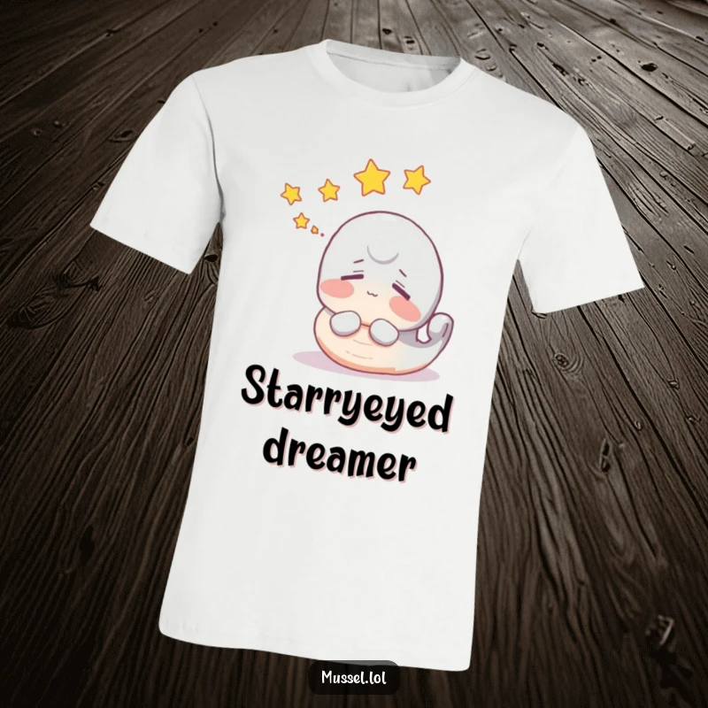 Funny mussel t-shirt showing a character dreaming with stars floating above its head, celebrating imagination.