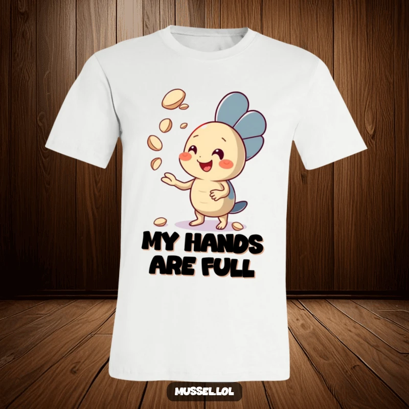 Funny Mussel T-Shirt featuring an enthusiastic mussel character juggling tiny seashells with a big smile, a delightful display of skill, a great funny gift.