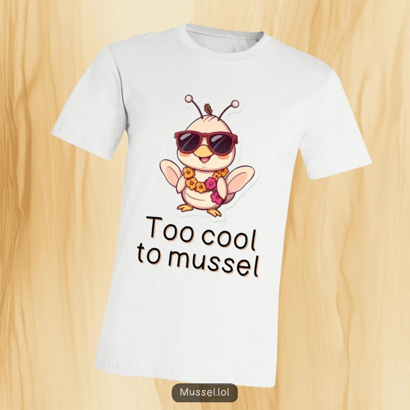 Funny Kawaii Mussel T-Shirt: Features a mussel character looking super cool in sunglasses and a lei, radiating pure relaxation.