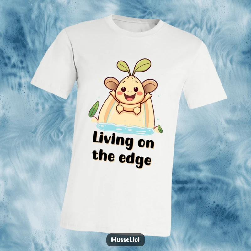 Funny mussel character with a large smile sliding down a water slide, a dynamic and humorous t-shirt.