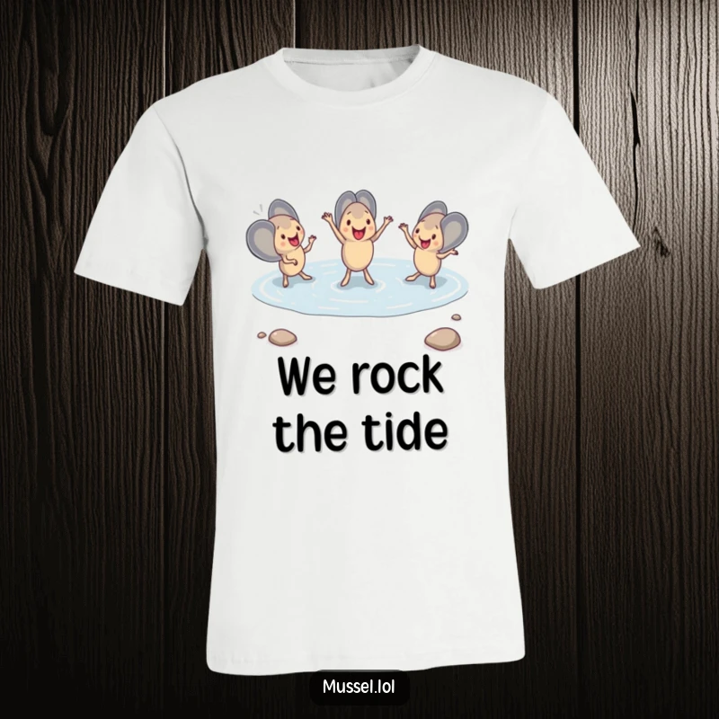 Funny Mussel Dance T-Shirt featuring a group of mussels elegantly performing a synchronized dance in a shallow tide pool, celebrating aquatic artistry.