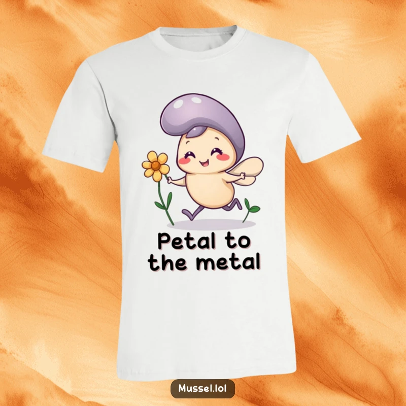 Funny Mussel Flower T-Shirt: A mussel character with comically tiny legs runs happily holding a flower, a cheerful cartoon.