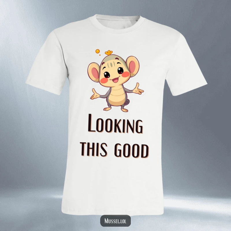 Funny mussel t-shirt character striking a bold, exaggerated, and comical pose, showcasing confidence and humor.