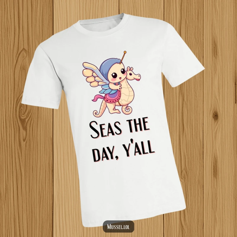 Funny Mussel T-Shirt: A mussel joyfully rides a seahorse, designed like a carousel horse, creating a scene of pure aquatic delight.