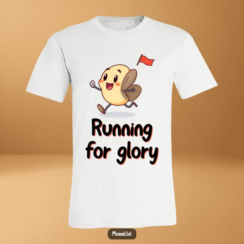 Funny mussel with small legs, running with a tiny flag, looking very excited, printed on a comfortable t-shirt.