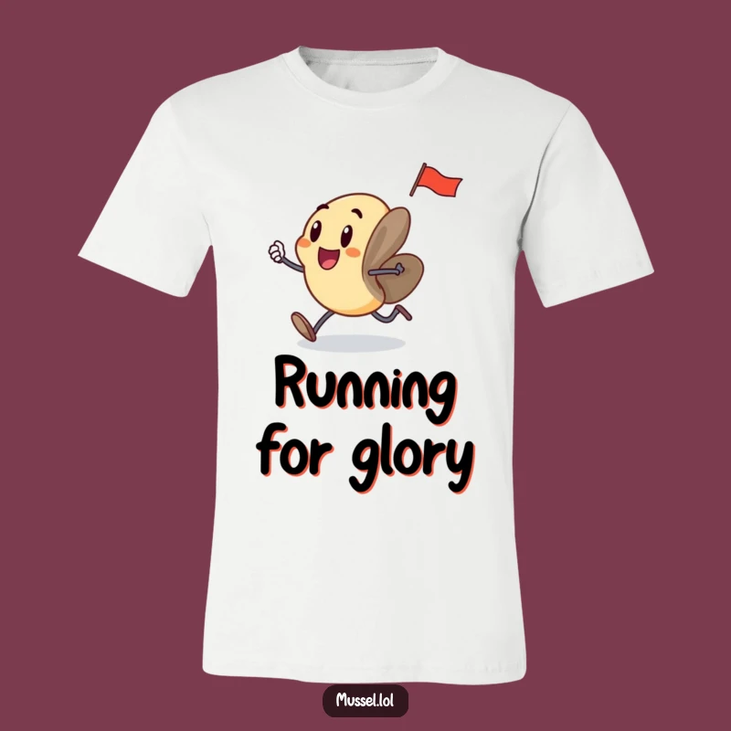 Funny Running Mussel T-Shirt: Excited Flag Bearer for Humorous Adventures