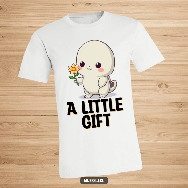 Funny Mussel T-Shirt: A blushing mussel character presenting a small bloom with a shy grin, embodying sweet and funny gestures.