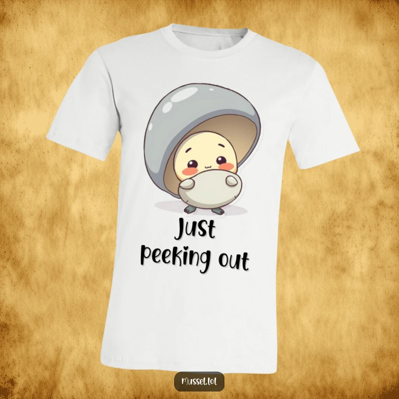 Funny shy mussel character peeking from behind a bigger mussel on a t-shirt, a humorous and relatable design.