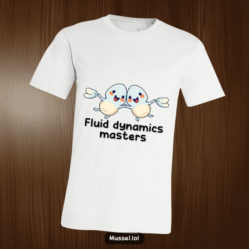 Funny Mussels T-Shirt featuring a pair of mussels doing a synchronized swim with arms and legs, a truly comical aquatic performance, a great funny gift.