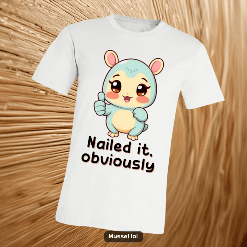 Funny Mussel T-Shirt featuring a rosy-cheeked mussel character with wide eyes giving a thumbs up, conveying infectious happiness and approval, a great funny gift.