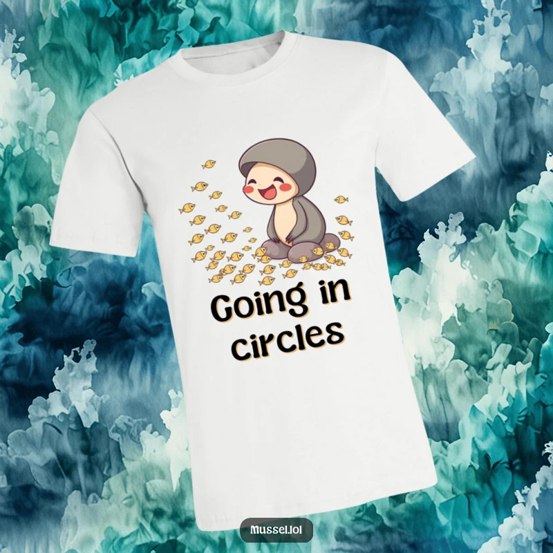 Funny t-shirt showcasing a mussel in stitches watching tiny fish create a circular swimming pattern, embodying pure amusement.