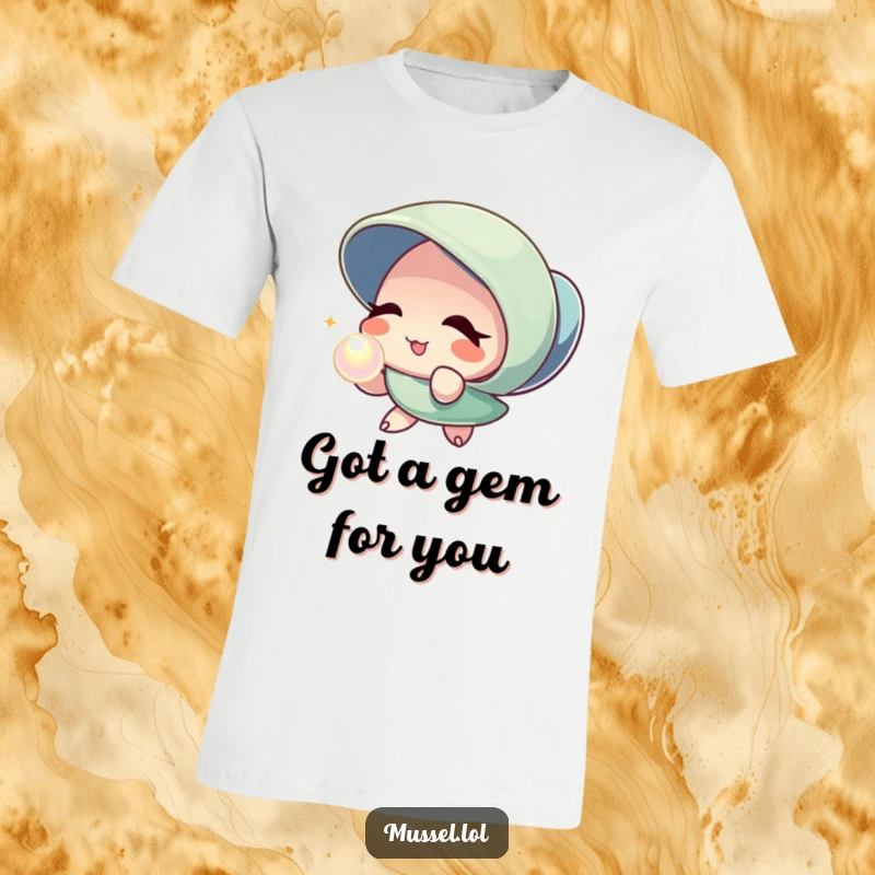 Funny Mussel Pearl Wink T-Shirt: A cute mussel cartoon winks while offering a shiny pearl, a symbol of hidden beauty and a playful secret.