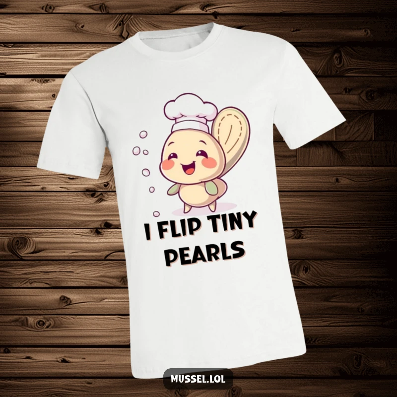 Funny chef mussel in a hat, expertly juggling small pearls with a cheerful expression, printed on a soft cotton t-shirt.