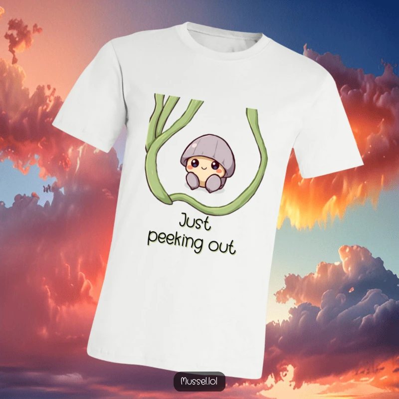 Funny t-shirt depicting a shy mussel character cautiously peeking from under a large, leafy seaweed frond.