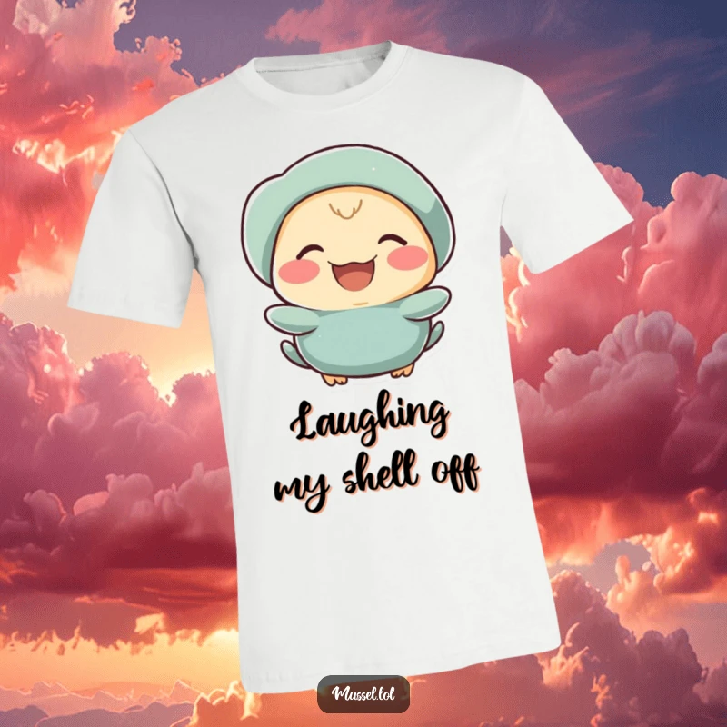 Funny mussel character with rosy cheeks, laughing joyfully, featured on a t-shirt.