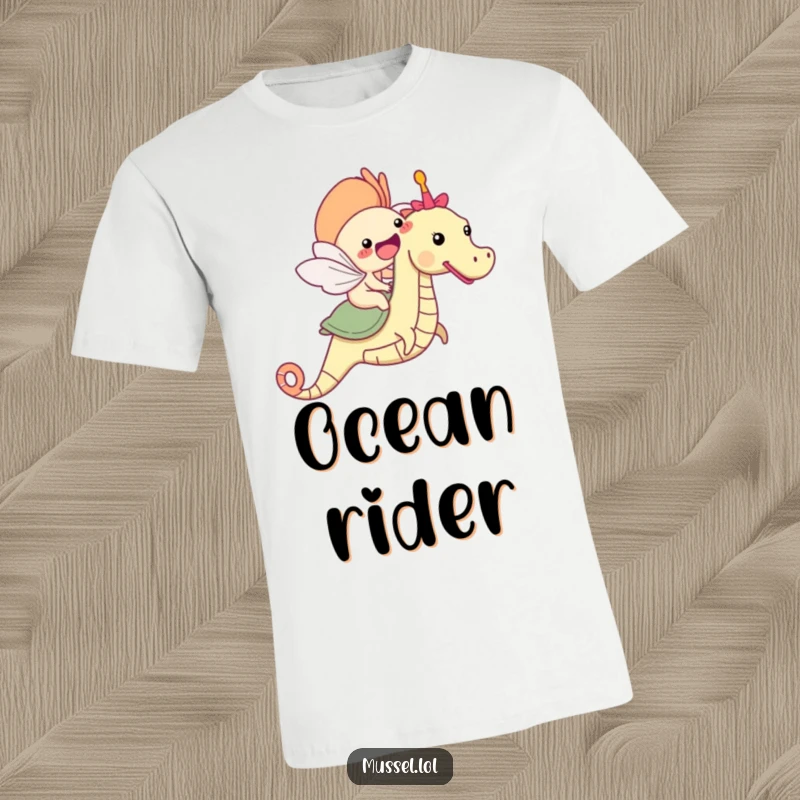Funny mussel character joyfully riding a friendly seahorse, smiling, a delightful sea scene.