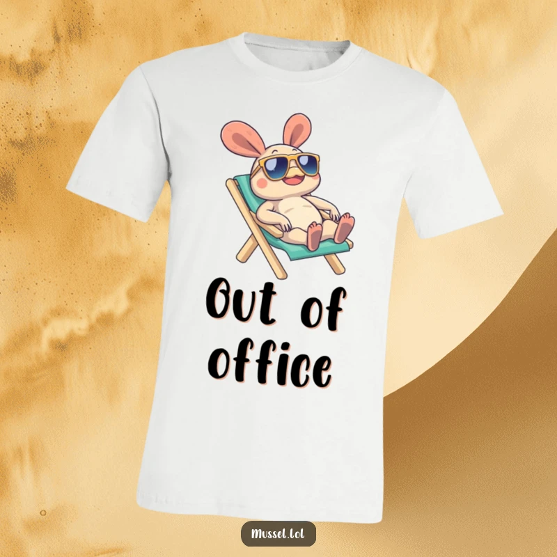 Funny Mussel T-Shirt featuring a mussel character in sunglasses, lounging on a beach chair, radiating cool and relaxed vibes, a great funny gift.