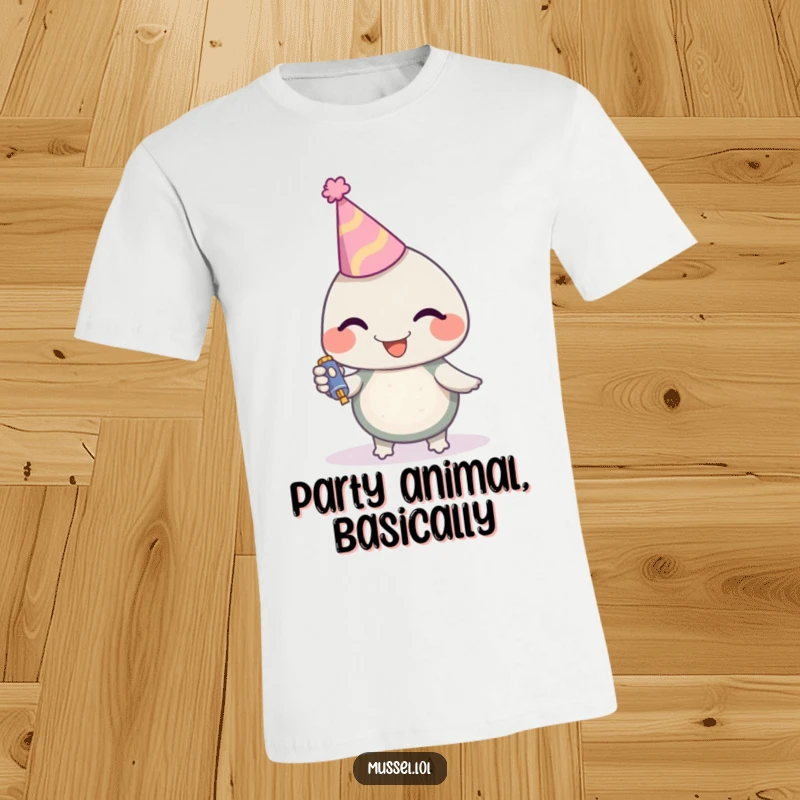 Funny Mussel T-Shirt character wearing a tiny party hat and blowing a noisemaker, embodying pure celebratory fun, a great funny gift.