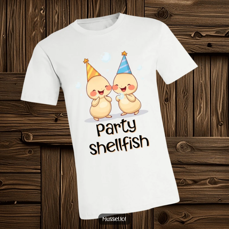 Funny t-shirt showing two plump mussels in festive party hats, clutching bubbles and bursting with giggles.