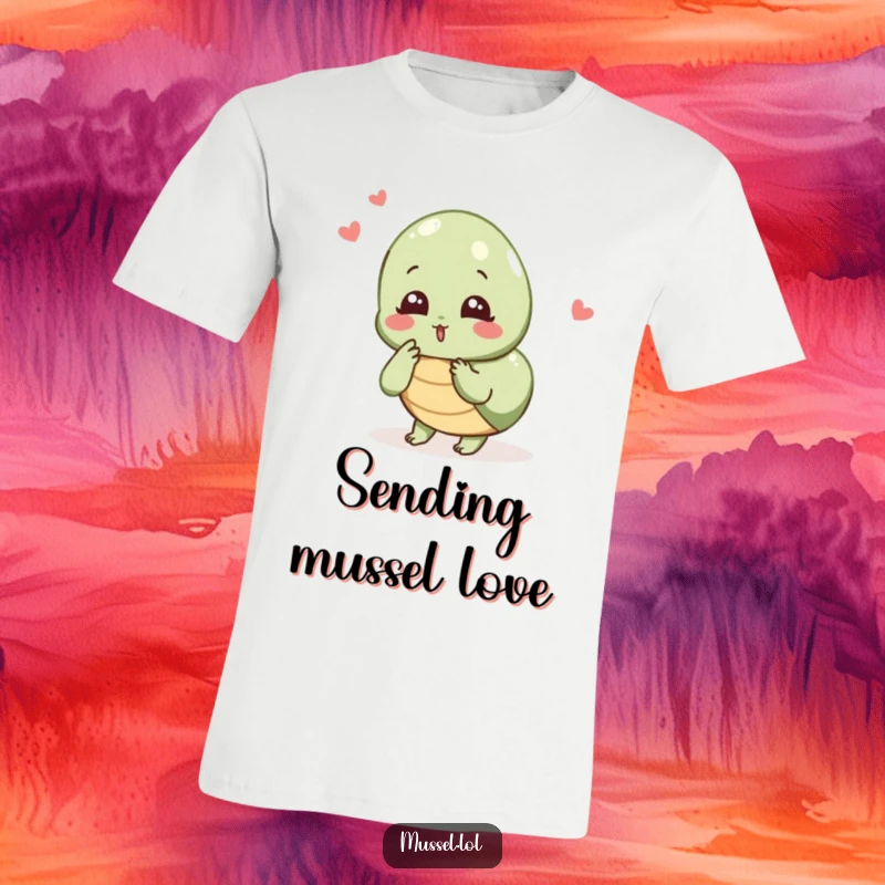 Funny Mussel Sweetheart T-Shirt: A delighted mussel character blowing a kiss, a symbol of sweet and humorous affection.