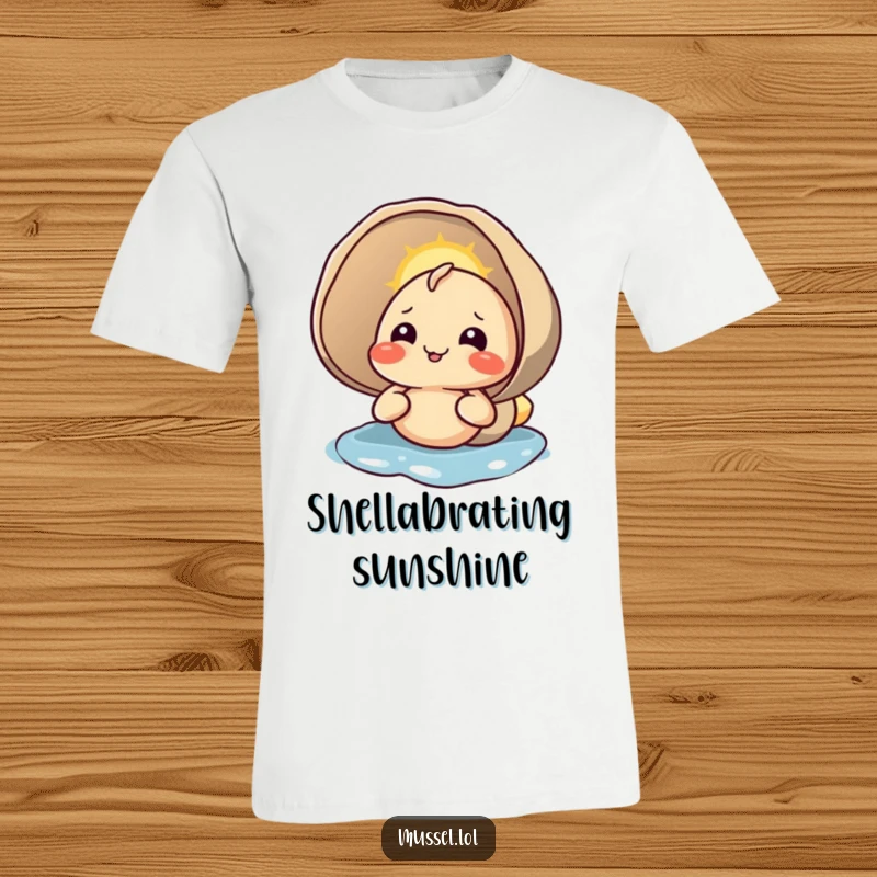 Funny t-shirt depicting a happy mussel character contentedly enjoying the sunlight warming its shell, a peaceful and humorous image.
