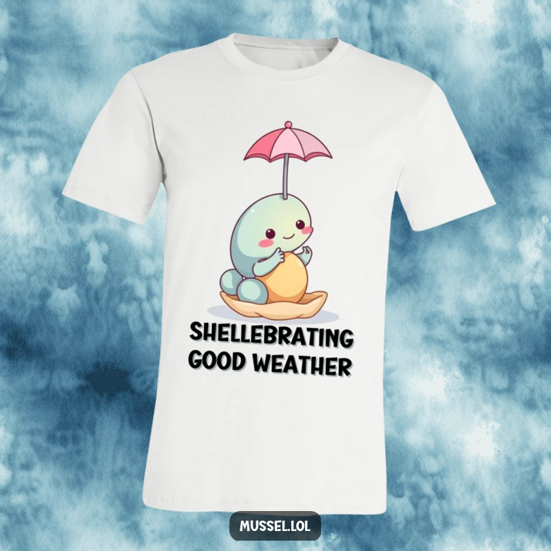 Funny Mussel With Umbrella T-Shirt: A comical mussel cartoon character skillfully balancing a small umbrella on its shell for protection from imaginary rain.