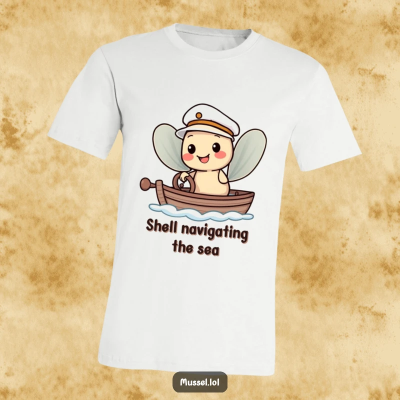 Funny T-Shirt: A smiling mussel character wearing a tiny sailor hat, steering a small boat with seafaring humor.