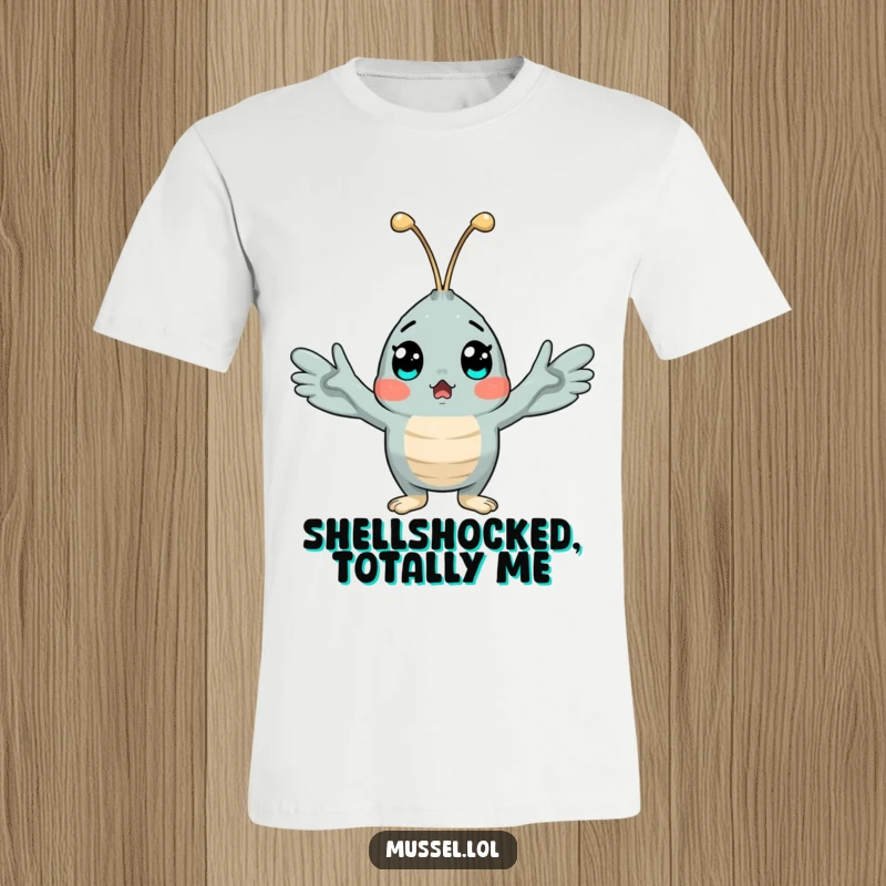 Funny surprised mussel t-shirt, a comical shellfish character with arms spread wide in shock, ideal for casual wear.