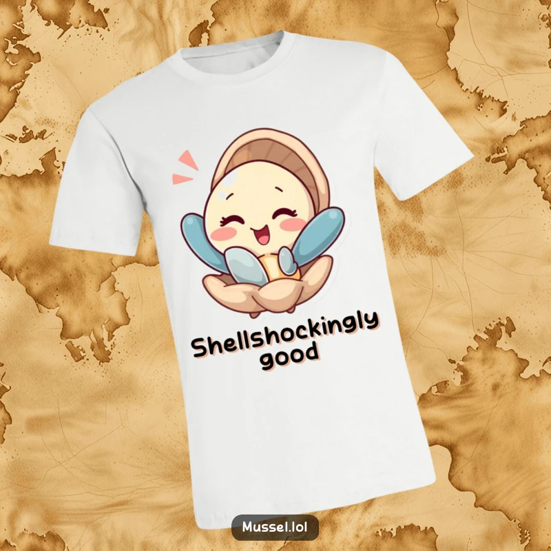Funny t-shirt of a mussel winking as it emerges from its shell with a stylish flourish, full of personality.