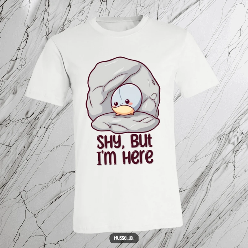 Funny Shy Mussel T-Shirt: A shy mussel peeking out from behind a rock, a humorous and endearing design.