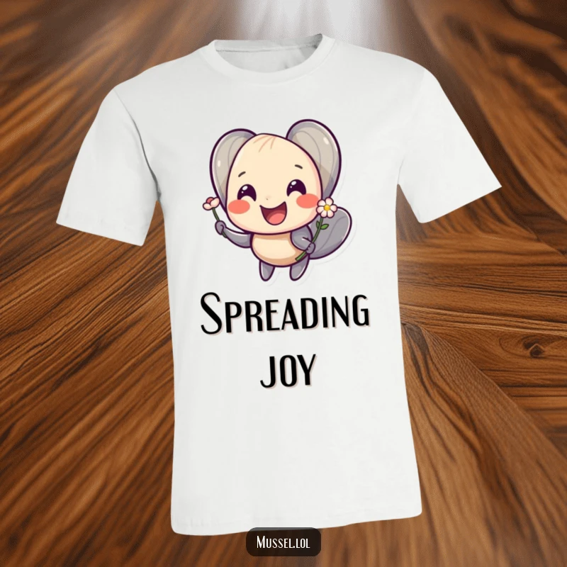 Funny T-shirt showing a smiling mussel character holding out a tiny flower, radiating happiness and joy.