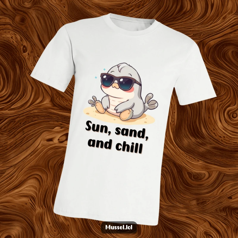 Funny Mussel T-Shirt: A mussel sports sunglasses on a beach, radiating cool, relaxed, and vacation-ready energy.