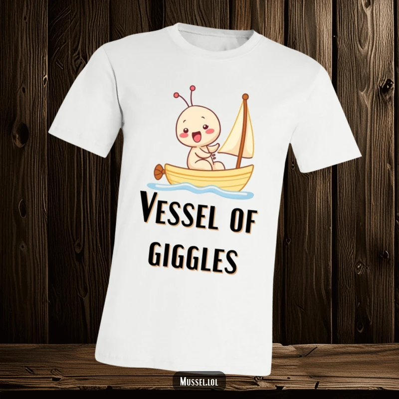 Funny Kawaii Mussel T-Shirt: A delightful mussel character in a tiny sailboat, giggling with pure, unadulterated maritime glee.