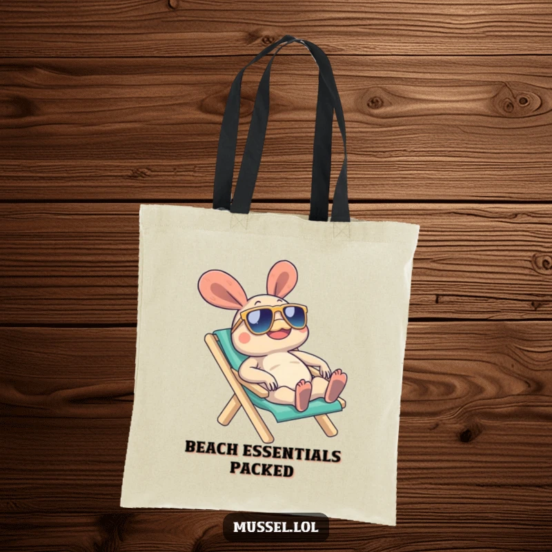 Funny Mussel Tote Bag depicting a mussel character in sunglasses on a beach chair, perfect for carrying items with beachy flair, a great funny gift.