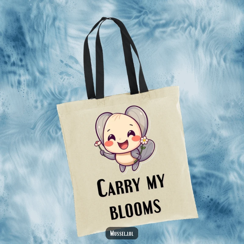Funny tote bag illustrated with a smiling mussel character offering a tiny flower, perfect for carrying happiness.