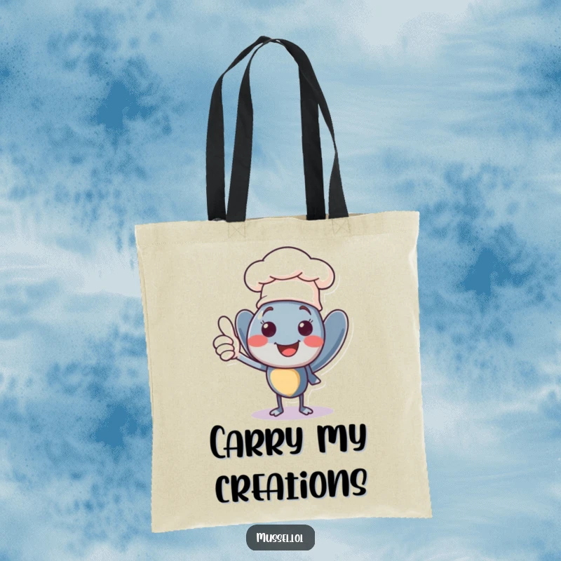 Funny smiling mussel character wearing a tiny chef hat, giving a confident thumbs up, a durable and humorous tote bag.