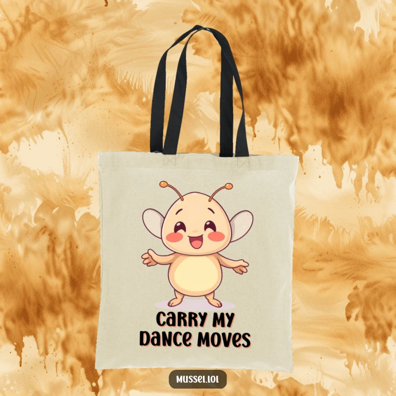 Funny Kawaii Mussel Tote Bag: A cute mussel character does a joyful dance, making this a humorous and functional tote.